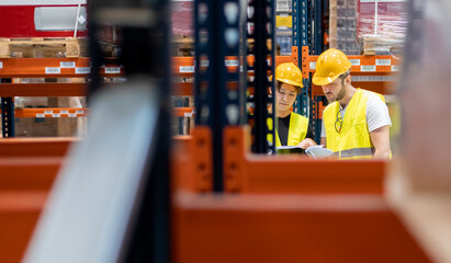 Warehouse workers establish order of packages on shelves