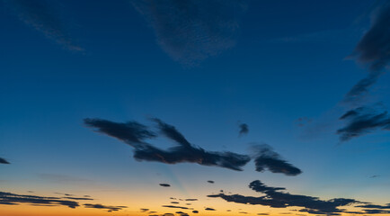Sky background at sunset with blue clouds and orange skyline