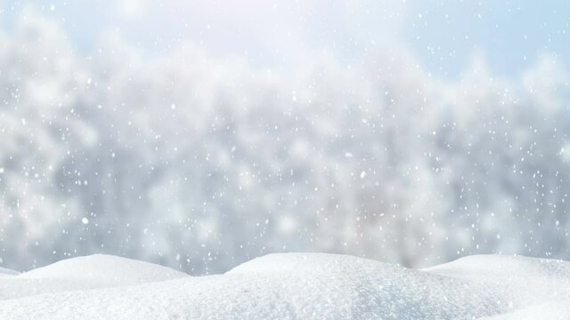 Falling fresh snow on a blurred background of a frosty forest. Snowdrifts and snowfall in winter in sunlight. Abstract white particles, flakes or snowflakes. Animated 4K panoramic video, 3D rendering.