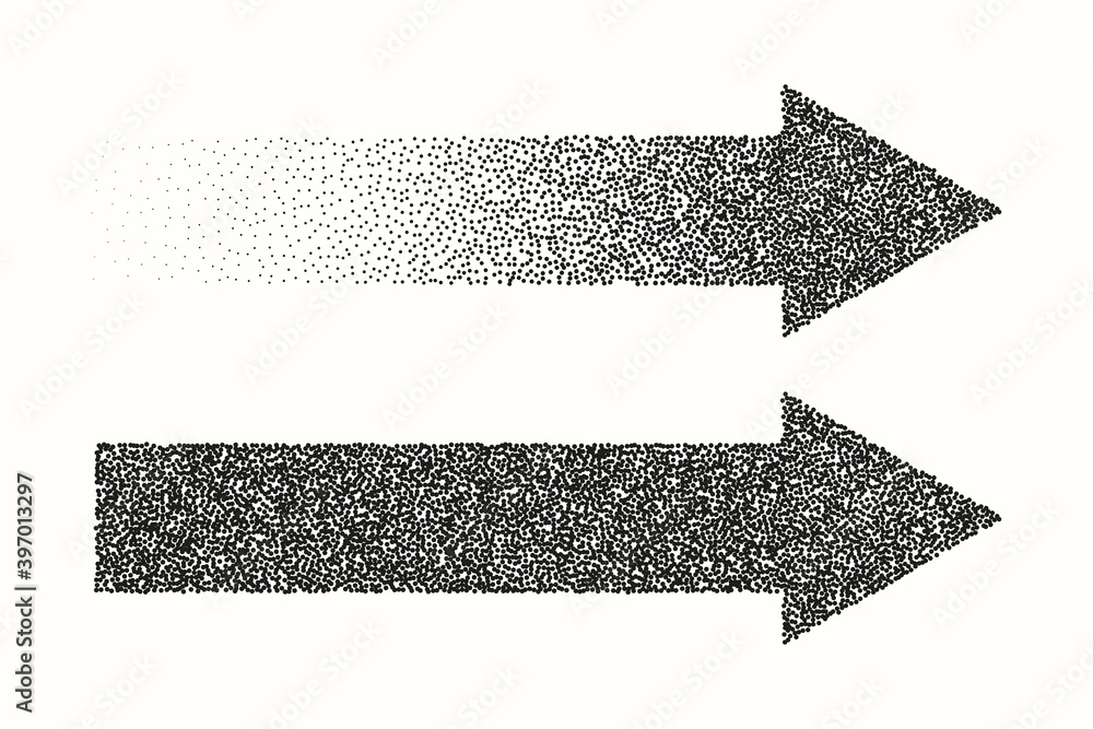 Poster arrows, monochrome of small dissolving points, noise gradient. pixel. stipple. vector.