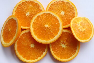 Orange fruit, fruits or vegetables, slices isolated on white background closeup.