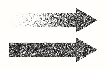 Arrows, monochrome of small dissolving points, noise gradient. Pixel. Stipple. Vector.