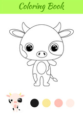 Coloring book little baby cow. Coloring page for kids. Educational activity for preschool years kids and toddlers with cute animal. Black and white vector stock illustration.