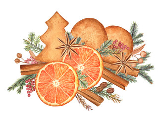 Christmas composition with gingerbread, orange slices, cinnamon sticks, anise stars, pepper, coffee beans and spruce branches. Watercolor illustration isolated on white. For cards and gifts.