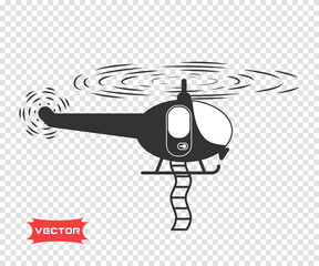 Helicopter with a ladder. Rescuer. Silhouette. Vector.