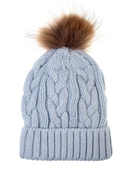 Knitted winter bobble hat with cable knitting ornament isolated on white