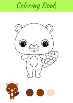 Coloring book little baby beaver. Coloring page for kids. Educational activity for preschool years kids and toddlers with cute animal. Black and white vector stock illustration.