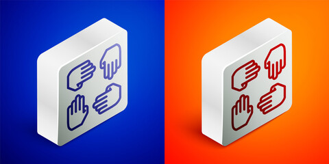 Isometric line Project team base icon isolated on blue and orange background. Business analysis and planning, consulting, team work, project management. Developers. Silver square button. Vector.