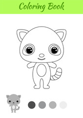 Coloring book little baby raccoon. Coloring page for kids. Educational activity for preschool years kids and toddlers with cute animal. Black and white vector stock illustration.