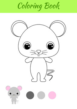Coloring book little baby mouse. Coloring page for kids. Educational activity for preschool years kids and toddlers with cute animal. Black and white vector stock illustration.