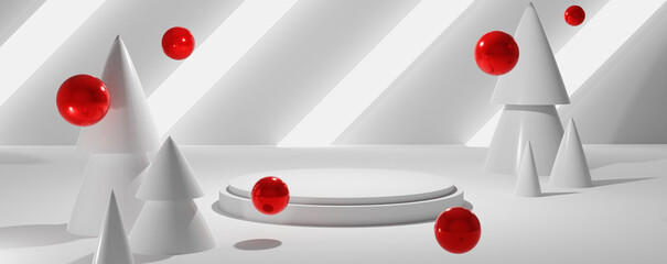 Christmas trees white podium with red antigravity balls and glowing stripes banner 3d illustration