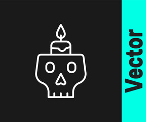 White line Burning candle on a skull icon isolated on black background. Day of dead. Vector.