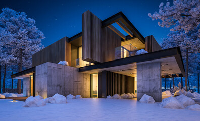 Naklejka premium 3d rendering of modern cozy house with parking and pool for sale or rent with wood plank facade and beautiful landscaping on background. Cool winter night with cozy light from windows