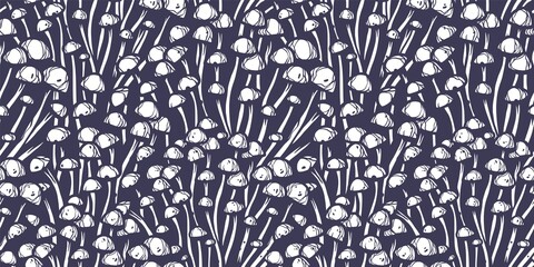 Colored seamless pattern wallpaper. Vector illustration of enoki. Autumn mushroom picking for vegan food and cooking design