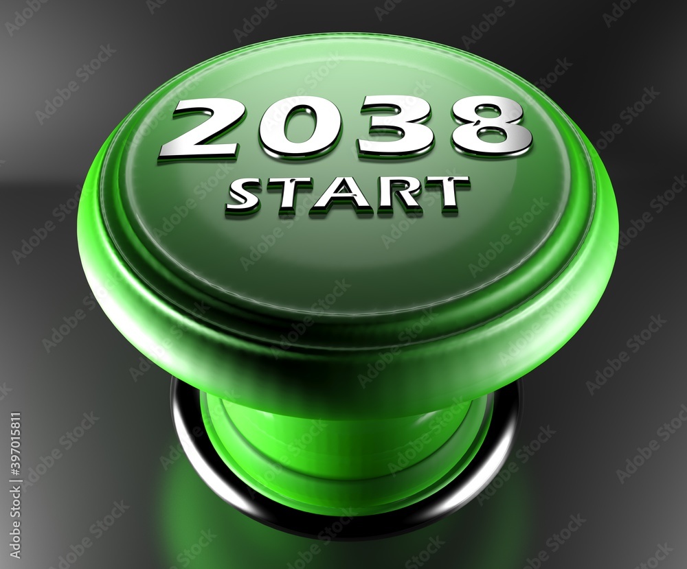 Poster 2038 start green push button on black background - 3d rendering illustration