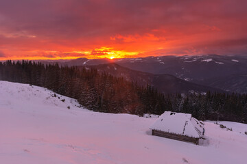 Winter, active vacation in the Carpathians with picturesque houses and lots of snow.