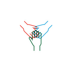Three linear hand together. Teamwork Hands Logo. Stock vector illustration isolated on white background.
