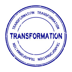Grunge blue transformation word round rubber seal stamp on white background