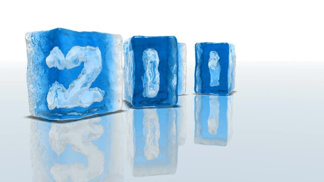 Blue ice blocks on white background with frozen-in numbers 2021. 4k UltraHD 3840x2160.