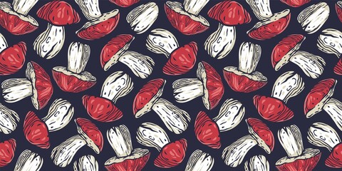 Obraz premium Colored seamless pattern wallpaper. Vector illustration of boletus. Autumn mushroom picking for vegan food and cooking design