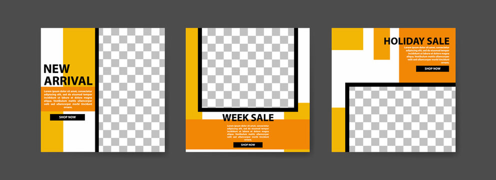 Set of Editable Social media post templates. Black and yellow background color with stripe line shape. fashion advertising. Offer social media banners. vector photo frame mockup illustration