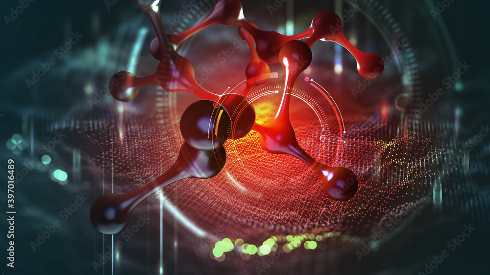Poster nanotech and molecular research. computer simulation and laboratory experiments. 3d illustration of 