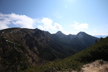 Fototapeta na wymiar landscape in the mountain ridge, Akadake mountain, Yatsugatake, Nagano, Japan