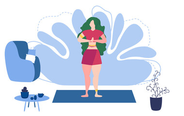 Relaxed young woman enjoying rest. Girl meditates. Trendy flat cartoon style. Meditation at Home