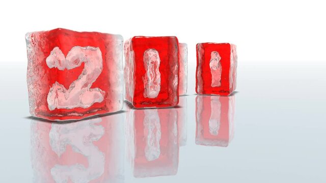 Red ice blocks on white background with frozen-in numbers 2021. 4k UltraHD 3840x2160.
