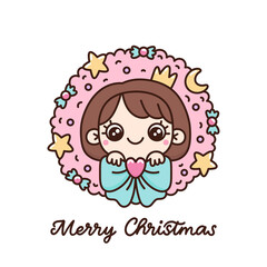 Christmas pink wreath decorated with stars, moon, bow and candy. Cute cartoon princess isolated on white background. Text: Merry Christmas! 