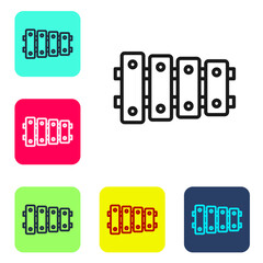 Black line Xylophone - musical instrument with thirteen wooden bars and two percussion mallets icon isolated on white background. Set icons in color square buttons. Vector.