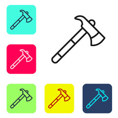 Black line Firefighter axe icon isolated on white background. Fire axe. Set icons in color square buttons. Vector.