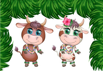 Naklejka premium A pair of cute cartoon bull and cow with beautiful eyes is the character of a Hawaiian hula dancer among leaves