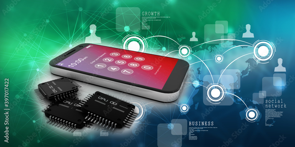 Aufkleber 3d rendering microchips with mobile phone