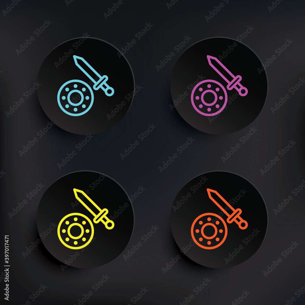 Poster sword, sew dark badge color set icon. simple thin line, outline vector of mythology icons for ui and