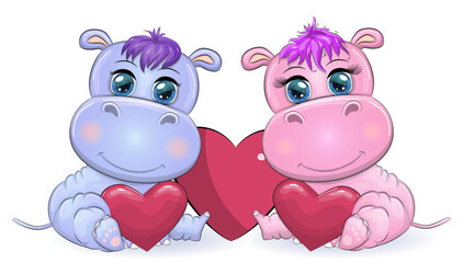 Two Cute cartoon hippo with beautiful eyes among the hearts of a boy and a girl. greeting card, valentines day