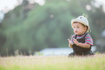 Cute laughing baby boy having fun sitting on green grass