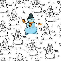 Happy Snowmen Doodle pattern. Winter holiday hand-drawn background. Christmas and New year. Black outline on a white background. Vector illustration in sketch style