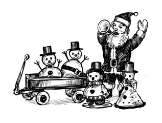 Drawing of the santa with snowman hand draw