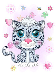 Cartoon snow leopard with expressive eyes. Wild animals, character, childish cute style.