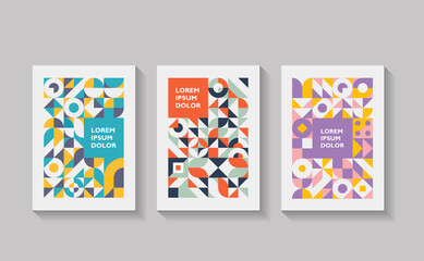 Colorful mosaic covers flyer annual report design. Minimal geometric pattern
