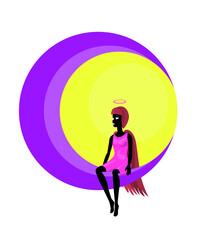 An angel girl in a pink dress sits on a crescent moon. Vector illustration.