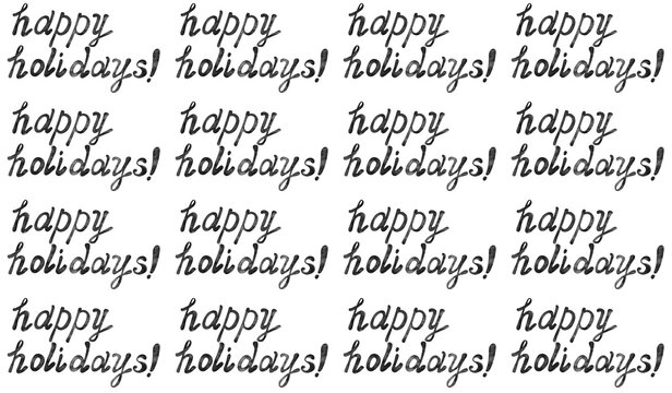 Trendy monochrome lettering Happy Holidays, hand-drawn phrase on white, seamless pattern with marble texture. Watercolor illustration for greeting cards, posters, stickers and seasonal design. 