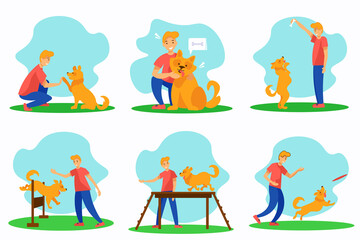 Owner training his dog's. Smiling young man and happy dog playing together. Isolated on white