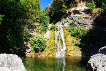 Fototapeta na wymiar Waterfall in Bucatoggio canyon. Corsica mountain 
