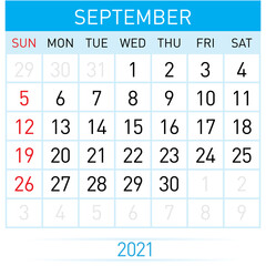September Planner Calendar 2021. Illustration of Calendar in Simple and Clean Table Style for Template Design on White Background. Week Starts on Sunday