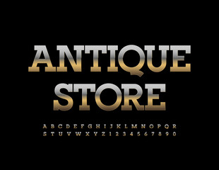 Vector stylish Sign Antique Store. Golden elite Font. Luxury Alphabet Letters and Numbers. 