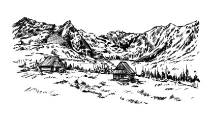 hand draw of the landscape mountain and house