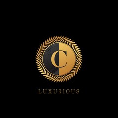 Golden C letter Logo Luxurious Nature Leaves, elegance vector design concept circle floral leaves with negative space letter logo.