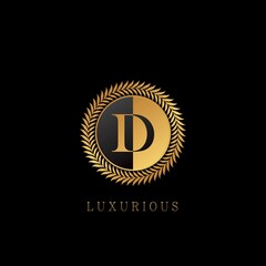 Golden D letter Logo Luxurious Nature Leaves, elegance vector design concept circle floral leaves with negative space letter logo.